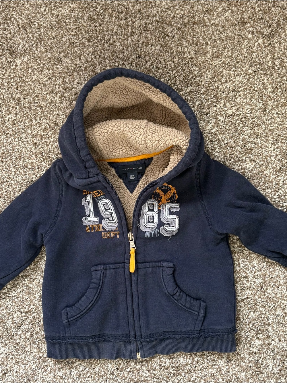 Tommy Hilfiger Navy Zip-Up Sherpa-Lined Hoodie with Yellow Accents 18 mos